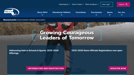 Massachusetts Interscholastic Athletic Association homepage with navigation and announcements on hate in schools and game officials registration