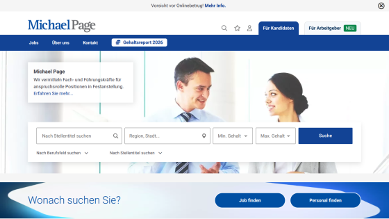 Michael Page job search interface with search fields and navigation options.