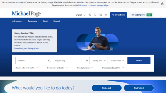 Job search interface with salary insights and options to find jobs or submit CVs.