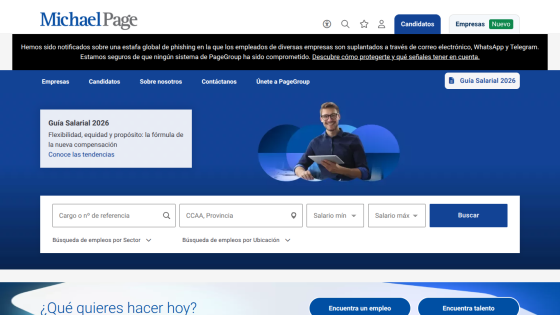 Homepage of Michael Page with search options for job candidates and a professional image.