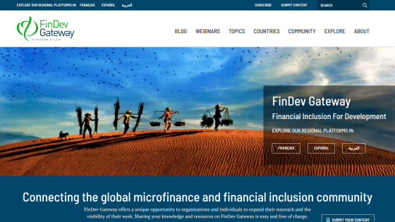 FinDev Gateway homepage connecting the global microfinance and financial inclusion community with regional platforms and content submission options