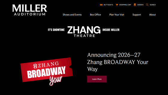 Miller Auditorium website announcing 2026–27 Zhang BROADWAY Your Way with a prominent call to action.