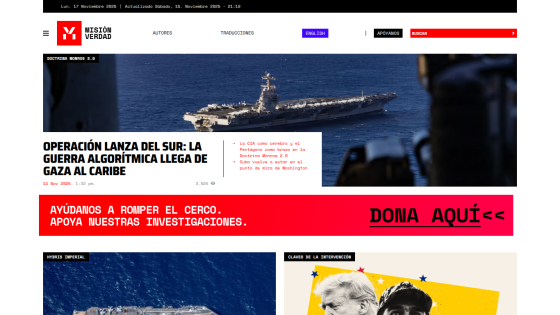 News site Misión Verdad with headline on algorithmic war from Gaza to Caribbean and donation call