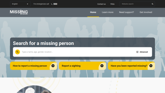 Missing persons website homepage with search bar and options to report a missing person, report a sighting, or check if reported missing.