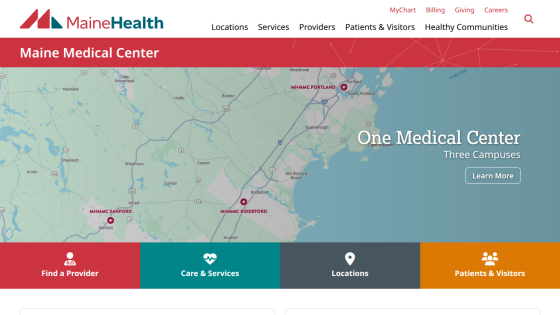 Maine Medical Center homepage with navigation menu and map background highlighting three campuses