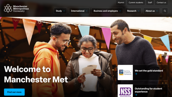 Homepage of Manchester Metropolitan University featuring students and welcome message.