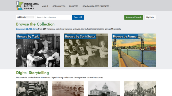 Minnesota Digital Library homepage with search bar, browse options by topic, contributor, format, and digital storytelling section.