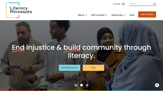 Homepage of Literacy Minnesota promoting community building through literacy.