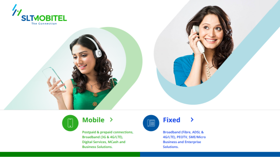 SLT Mobitel offers mobile and fixed broadband solutions with images of customer service representatives.