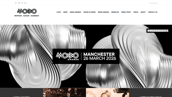 MOBO Awards website header with navigation and hero banner announcing Manchester event on 26 March 2026.