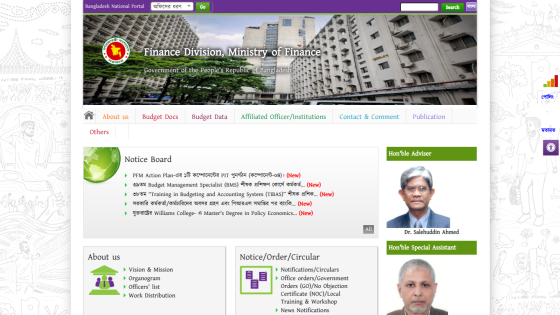 Finance Department website homepage with navigation menu, notice board, and office locations information
