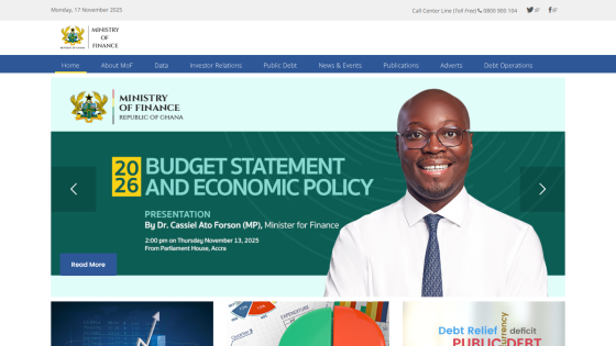 Ministry of Finance Ghana homepage featuring 2026 Budget Statement and Economic Policy presentation by Dr. Cassiel Ato Forson