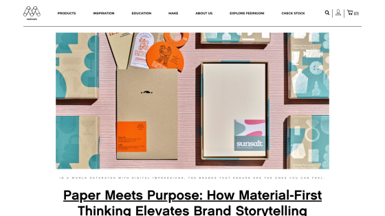 Homepage featuring a colorful layout with products and the headline about material-first thinking.