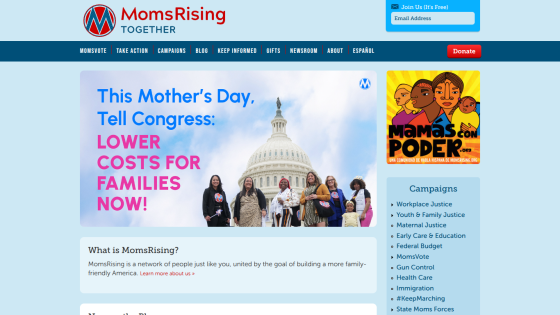 MomsRising website promoting Mother's Day advocacy for lower family costs.