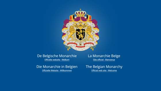 Blue background with the Belgian Monarchy coat of arms and text in four languages identifying the Belgian Monarchy