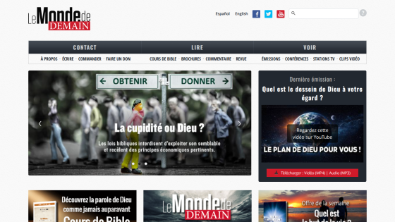Homepage of Le Monde du Demain featuring articles on spirituality and faith.