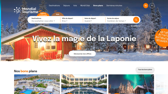 Travel website Mondial Tourisme with search bar and holiday offers featuring beach and winter cabin images