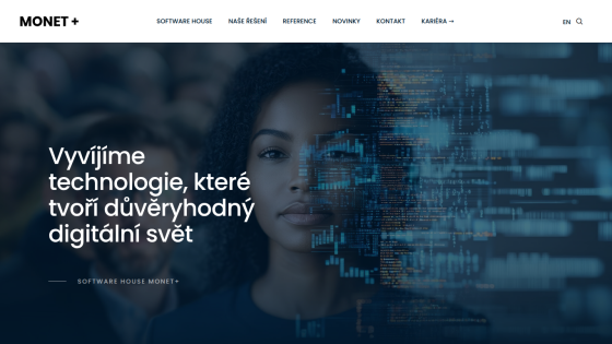 Software house Monet+ homepage with headline about developing trustworthy digital technologies and a digital-themed hero image