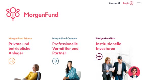MorgenFund homepage offering investment options for private investors, professional partners, and institutional investors with login and contrast options.