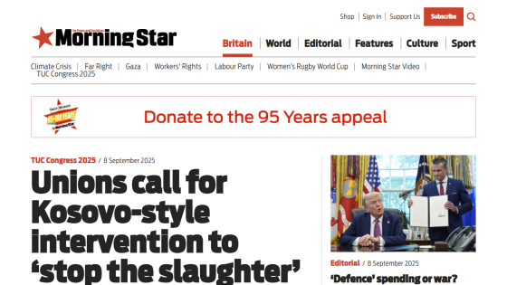 Headline about unions calling for intervention regarding Kosovo-style actions.