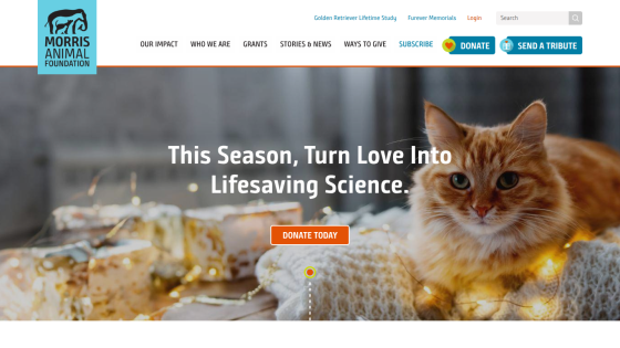 Website homepage with a cat and text promoting lifesaving science and a donate button