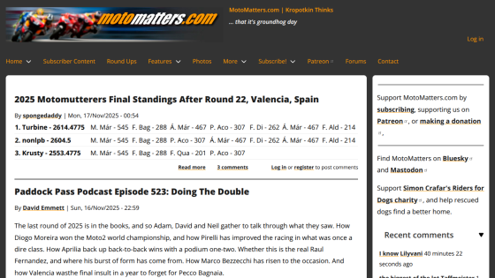 MotoMatters homepage showing latest standings and podcast episode summary with navigation links