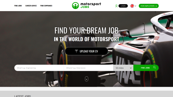 Motorsport Jobs homepage with job search form and racing car image in hero section