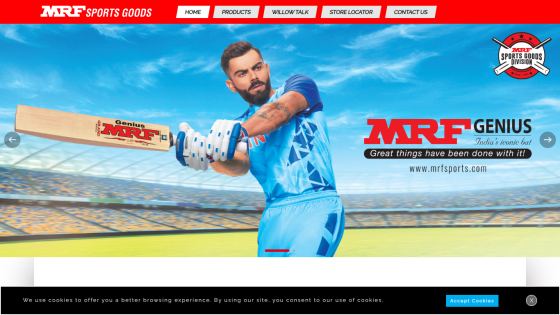 MRF Sports Goods homepage with cricket player holding bat and navigation menu