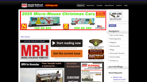 Model Railroad Hobbyist magazine homepage with navigation, current issue access, and November feature highlights
