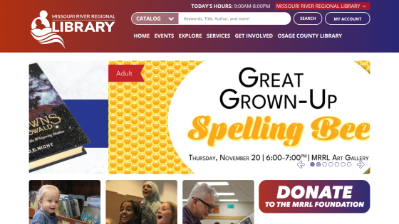 Missouri River Regional Library homepage with navigation, search bar, event promotion for Teen Book Bedazzling, and donate button