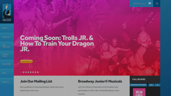 Announcement for upcoming shows: Trolls JR. & How To Train Your Dragon JR. with a colorful background.