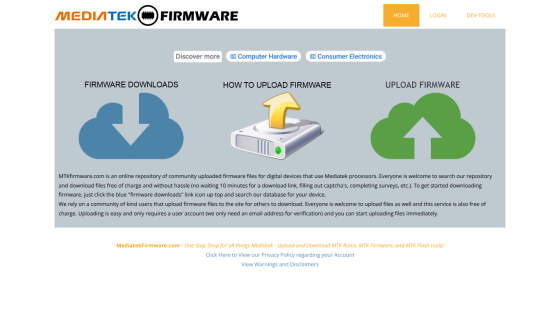 MediaTek Firmware site with download options and instructions for uploading firmware.