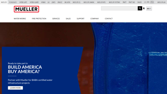 Mueller website promoting BABA-certified water infrastructure projects with navigation menu and search bar