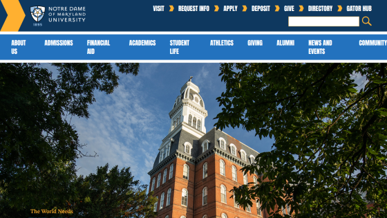 Homepage of Notre Dame University featuring a building and navigation menu.