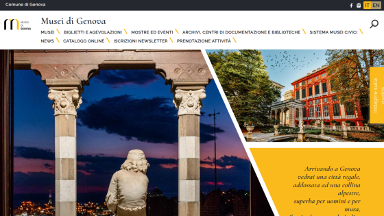 Musei di Genova website with navigation menu and images of Genova landmarks at sunset and daytime
