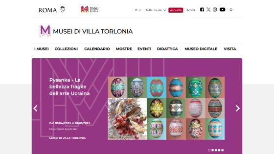 Musei di Villa Torlonia website showing an exhibition on fragile Ukrainian art from April 2025 to January 2026 with decorated eggs and artwork images