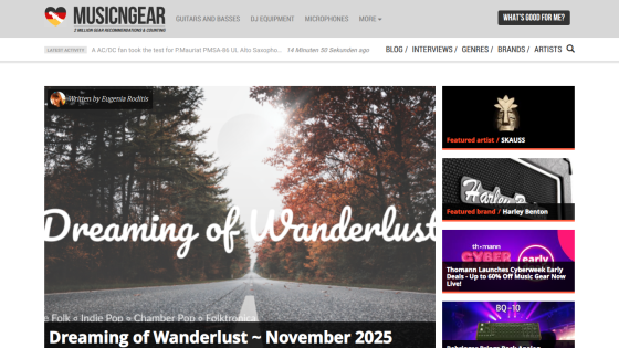 MusicGear homepage featuring a blog article titled Dreaming of Wanderlust with autumn road background and navigation menu