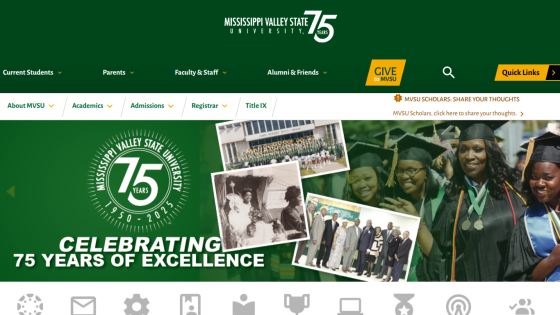Mississippi Valley State University homepage celebrating 75 years of excellence with navigation menu and images of graduates