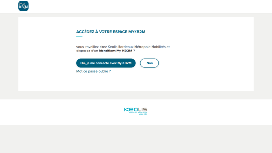 Login page for Keolis Bordeaux Métropole Mobilités employees to access My-KB2M space with connection options