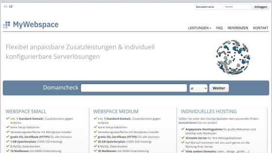 MyWebspace hosting service page with domain check, hosting plans, and login form in German