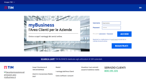 Login section for myBusiness with username and password fields, plus access and registration buttons.