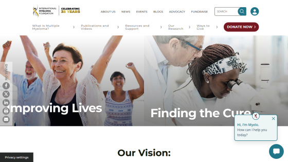 International Myeloma Foundation homepage with navigation, images of people and lab, and vision statement