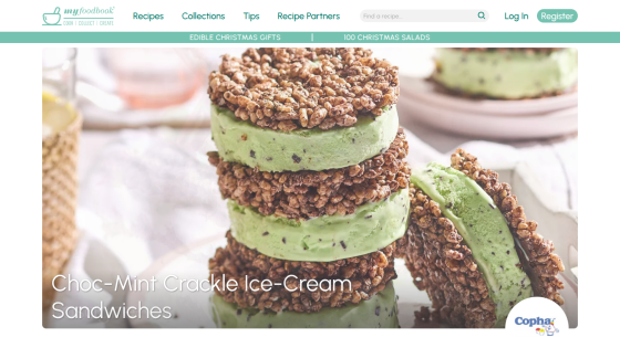 Website header with navigation and a hero image of Choc-Mint Crackle Cheesecake Lasagne recipe