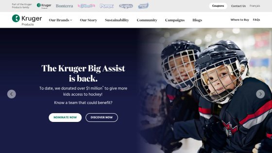 Kruger Products homepage promoting the Big Assist hockey donation campaign with navigation and brand logos