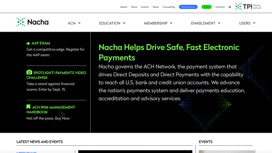 Nacha website promoting safe electronic payments with key information and navigation links.