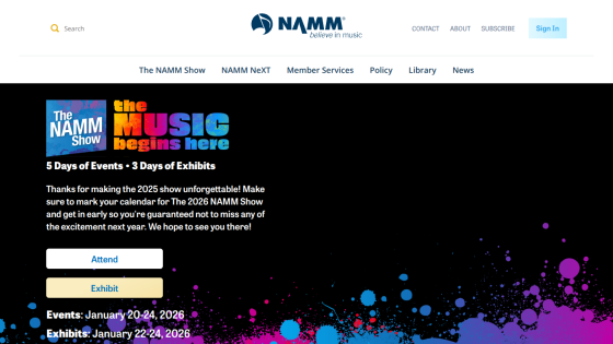 NAMM Show announcement with event details and buttons to attend or exhibit.
