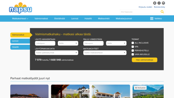 Travel booking site with search form for departure, return, destinations, and themes including all inclusive and spa