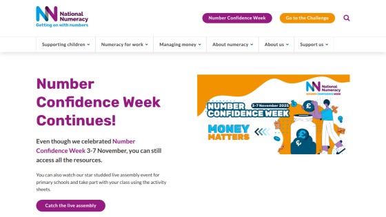 National Numeracy homepage promoting Number Confidence Week with event dates and live assembly link