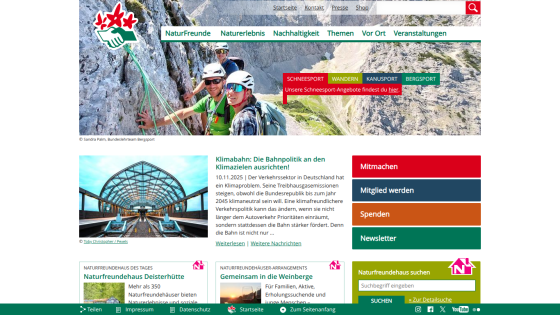 Website homepage with mountain climbing hero image, navigation menu, and sections on climate policy and membership options