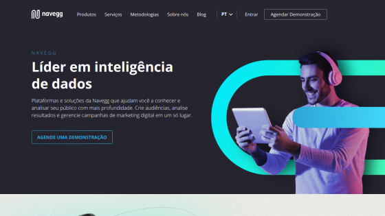 Homepage featuring a man using a tablet with a tagline about data intelligence.